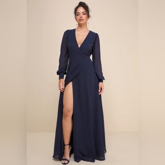Lulus Dresses & Skirts - NWOT Lulu's Dark Navy Blue Long Sleeve Wrap Maxi Dress Size 3X=22/24
